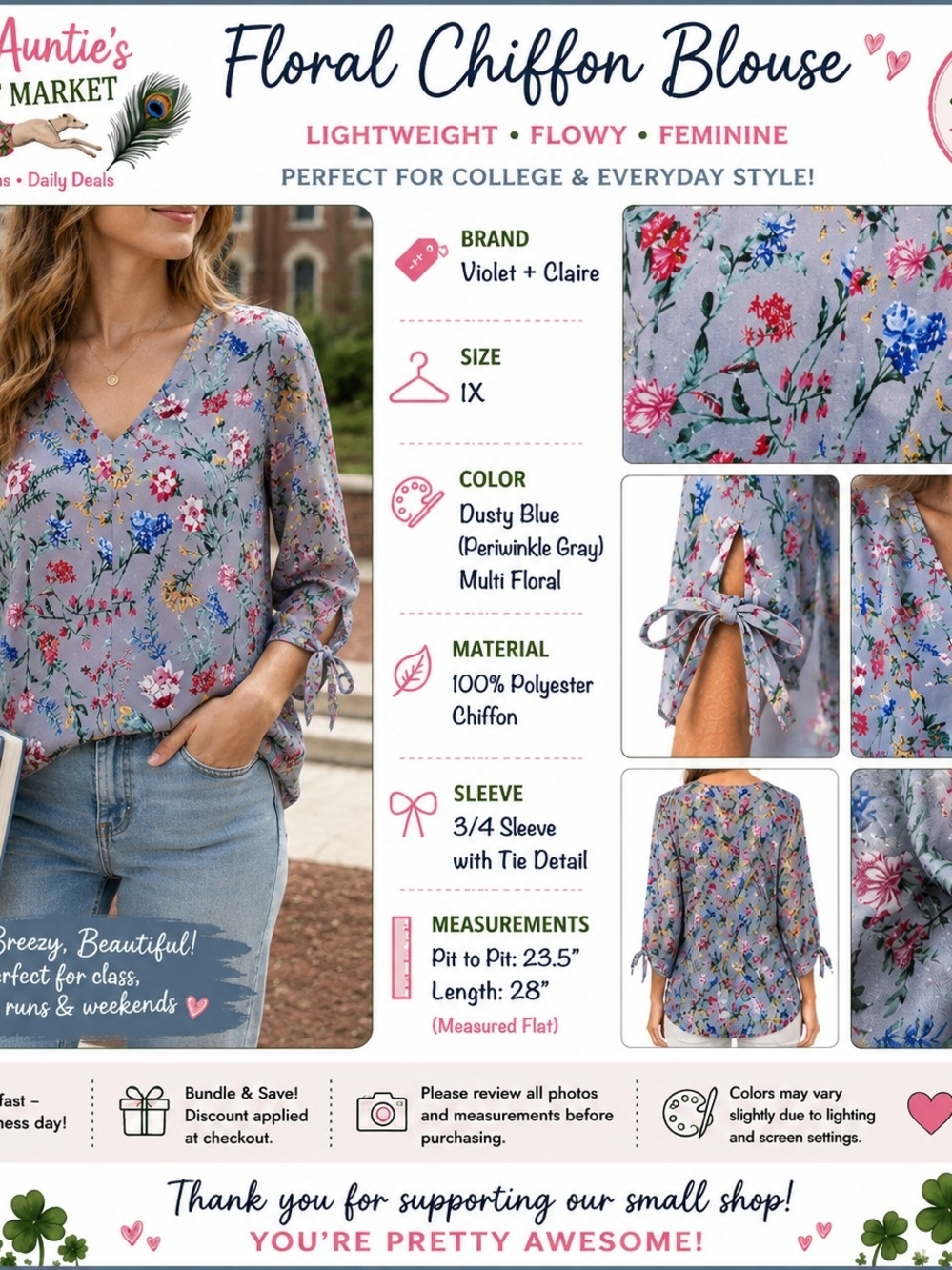 Violet & Claire Dusty Blue Floral Chiffon Blouse - V-Neck, 3/4 Tie Sleeves